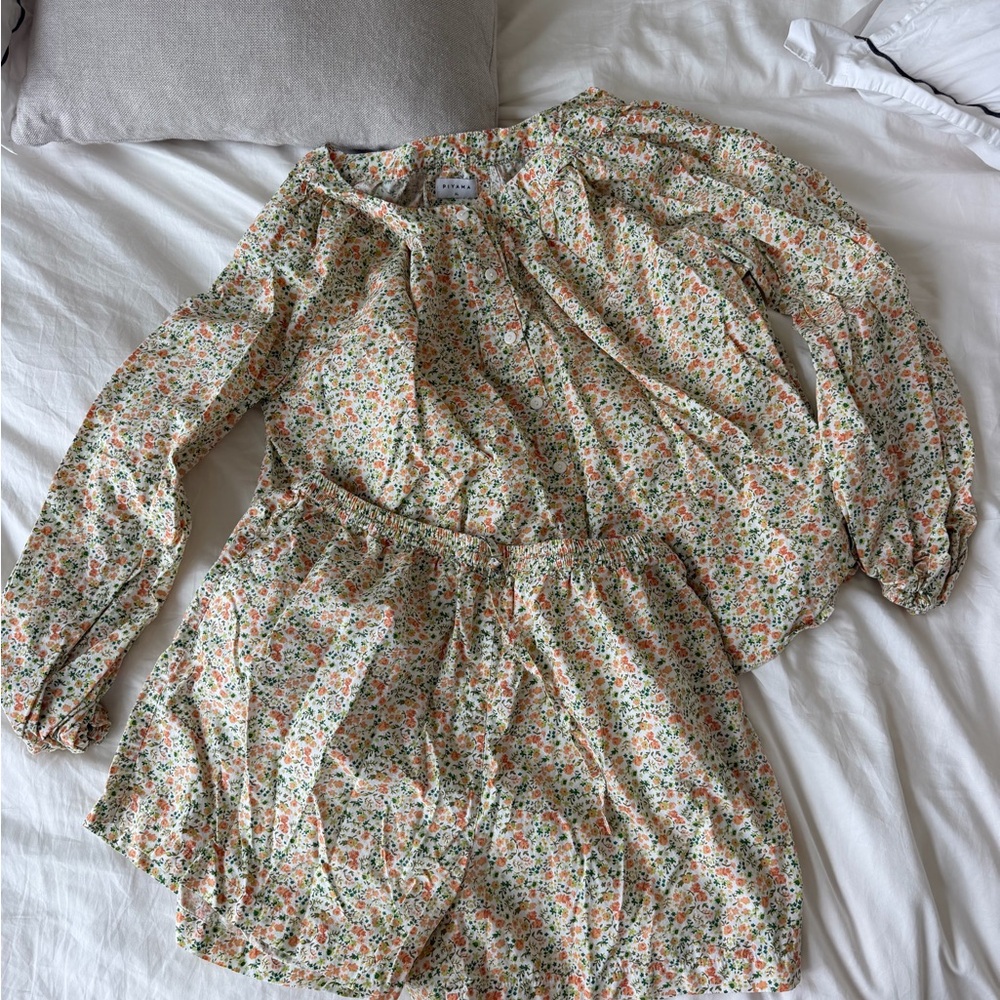 Piyama Floral Button-Front Top and Shorts Set in Cream with Orange & Green